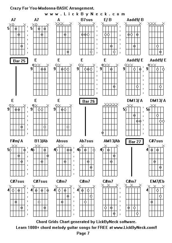 Chord Grids Chart of chord melody fingerstyle guitar song-Crazy For You-Madonna-BASIC Arrangement,generated by LickByNeck software.